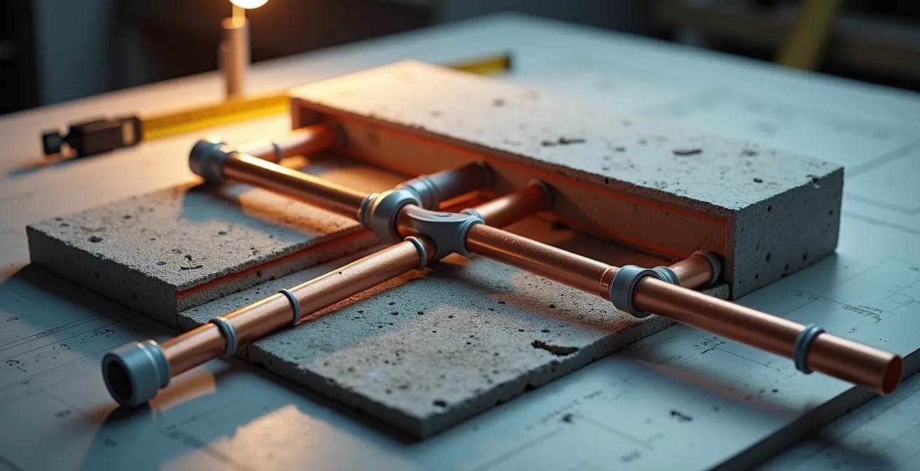Vue technique en coupe d'un appartement montrant l'organisation optimale des passages de tuyauterie