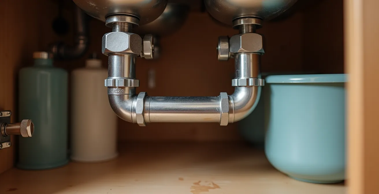 Vue détaillée d'un siphon plat déporté installé sous un évier de cuisine montrant l'espace libéré pour le rangement