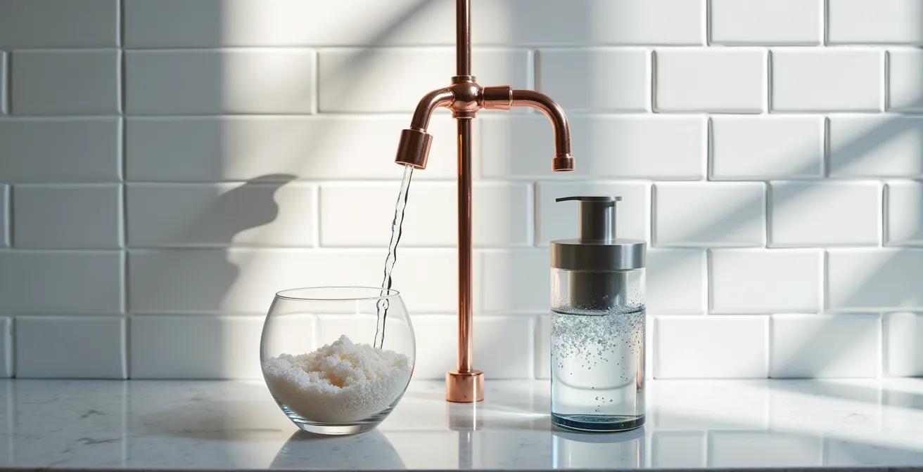 Comparaison visuelle entre système CO2 et adoucisseur à sel dans une salle de bain parisienne