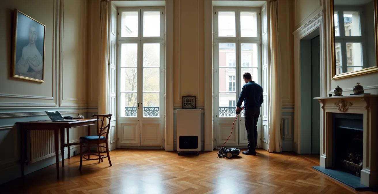 Technicien professionnel effectuant l'entretien d'une chaudière dans un appartement parisien