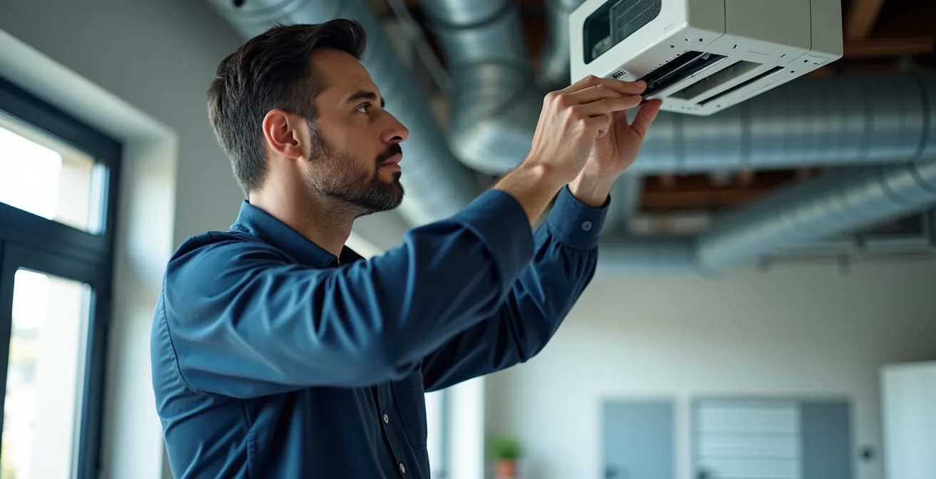 Portrait d'un technicien CVC concentré effectuant une maintenance préventive sur une unité de climatisation dans un bureau moderne