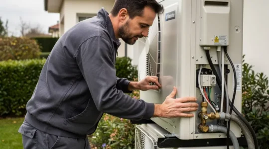 Technicien chauffagiste inspectant une pompe à chaleur air-eau dans un jardin de maison en Seine-et-Marne