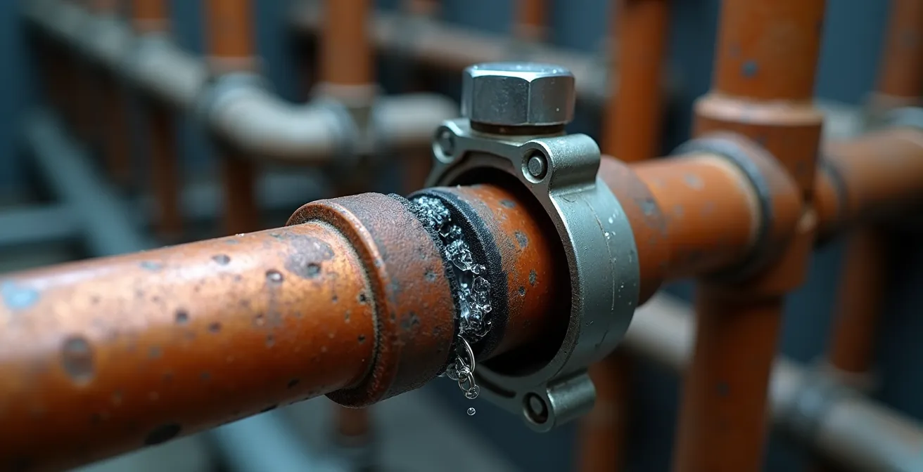 Gros plan sur une réparation provisoire de tuyau avec chambre à air et collier de serrage