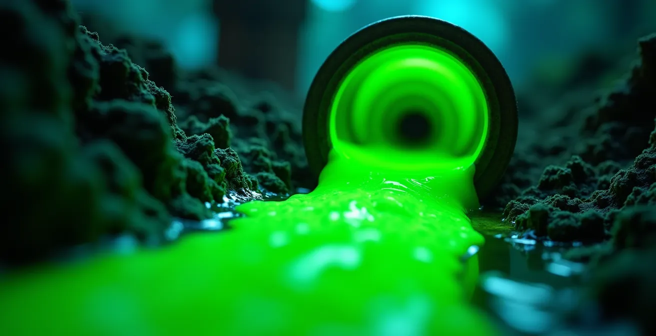 Test au colorant fluorescéine montrant la séparation des réseaux d'eaux pluviales et usées dans un pavillon