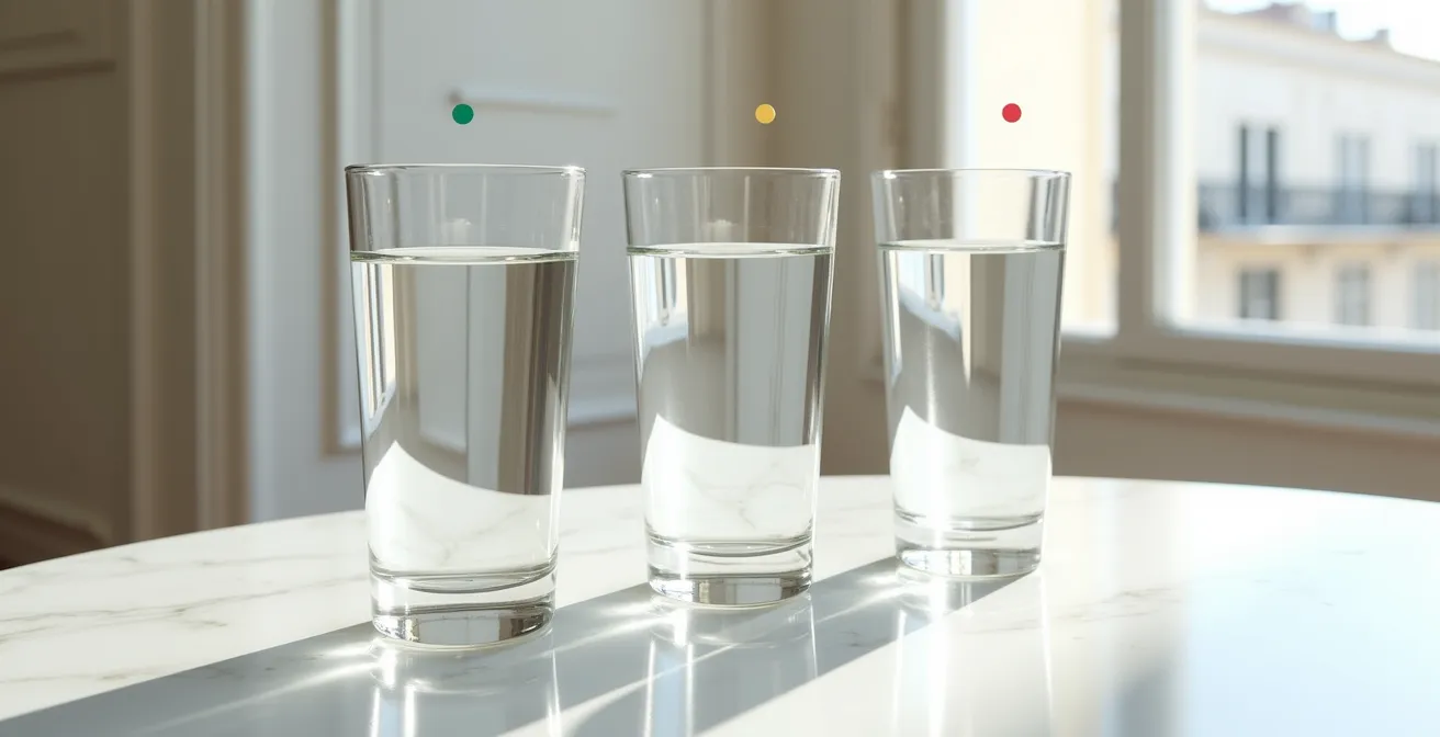 Comparaison visuelle de verres d'eau prélevés à différents points d'un appartement parisien