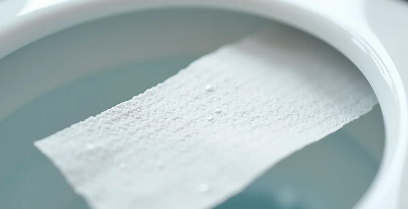 Gros plan sur une cuvette de toilettes avec du papier absorbant placé contre la paroi intérieure pour détecter une fuite