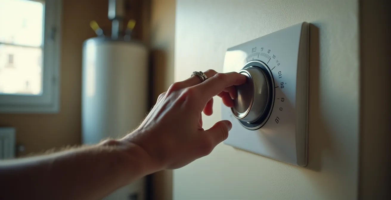 Main ajustant le thermostat d'un chauffe-eau avec cadran de température