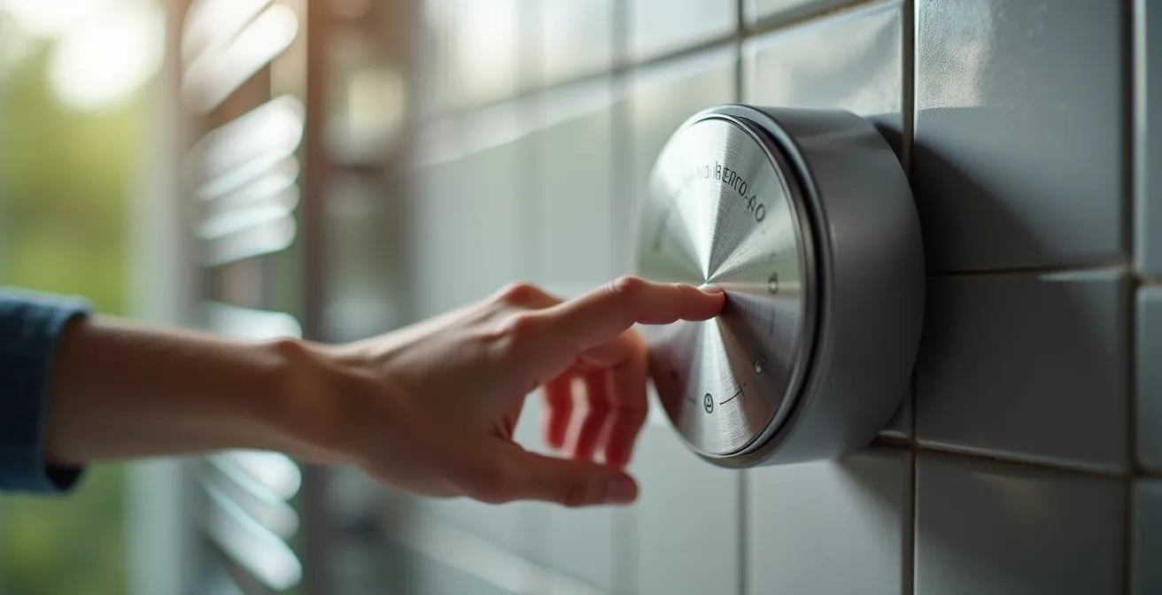 Main réglant un thermostat connecté de sèche-serviette avec programmation intelligente