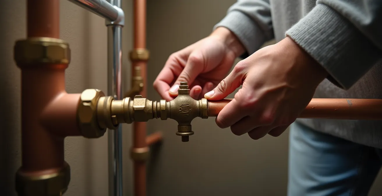 Ensemble de vannes quart de tour en laiton sur canalisations cuivre dans un placard technique d'appartement