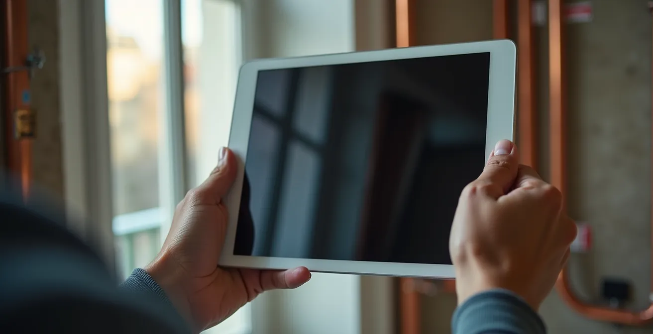 Vérification d'un label Qualibat sur une tablette dans un chantier parisien