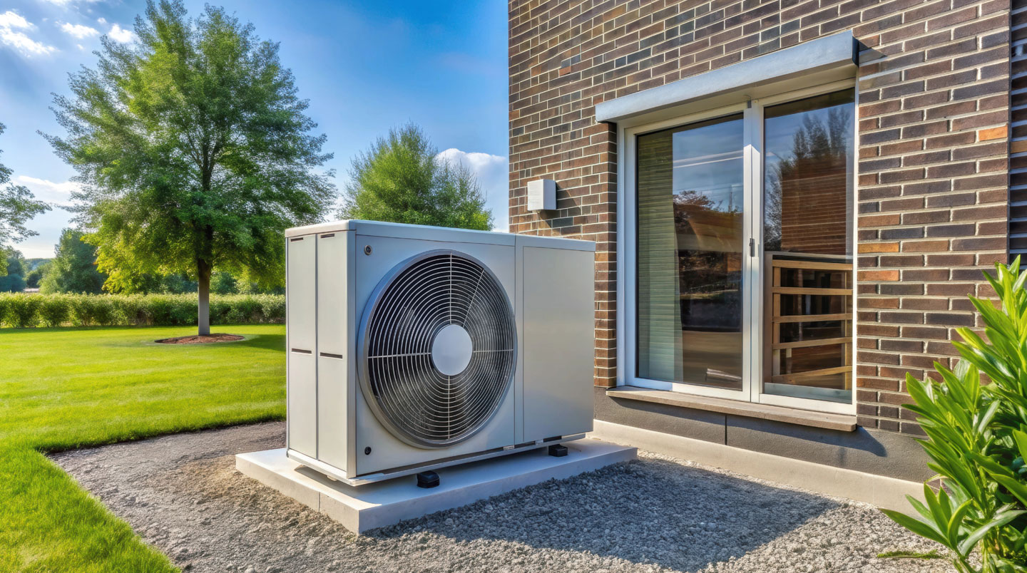 Détail rapproché d'une grille de ventilation métallique d'une unité extérieure de pompe à chaleur moderne, texture métallique nette avec arrière-plan flouté