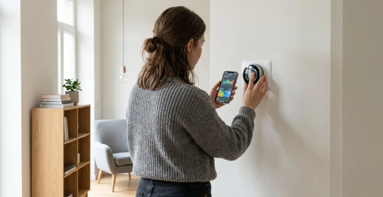 Vue par-dessus l'épaule d'une personne réglant un thermostat mural moderne avec un smartphone, main visible sur l'interface digitale dans un intérieur contemporain lumineux